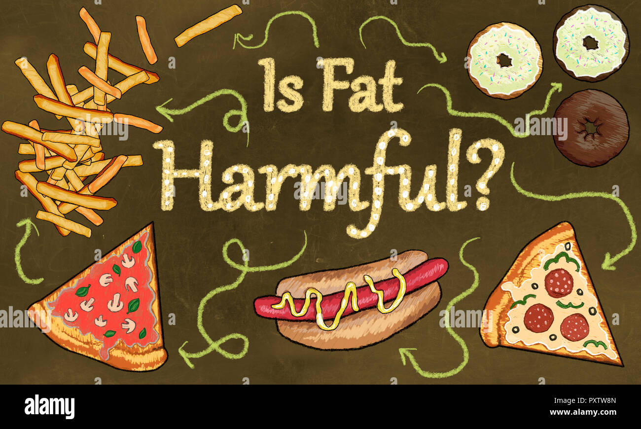 Il cibo spazzatura e la domanda: è grasso nocivo? Illustrato nel classico stile di disegno su una lavagna marrone Foto Stock