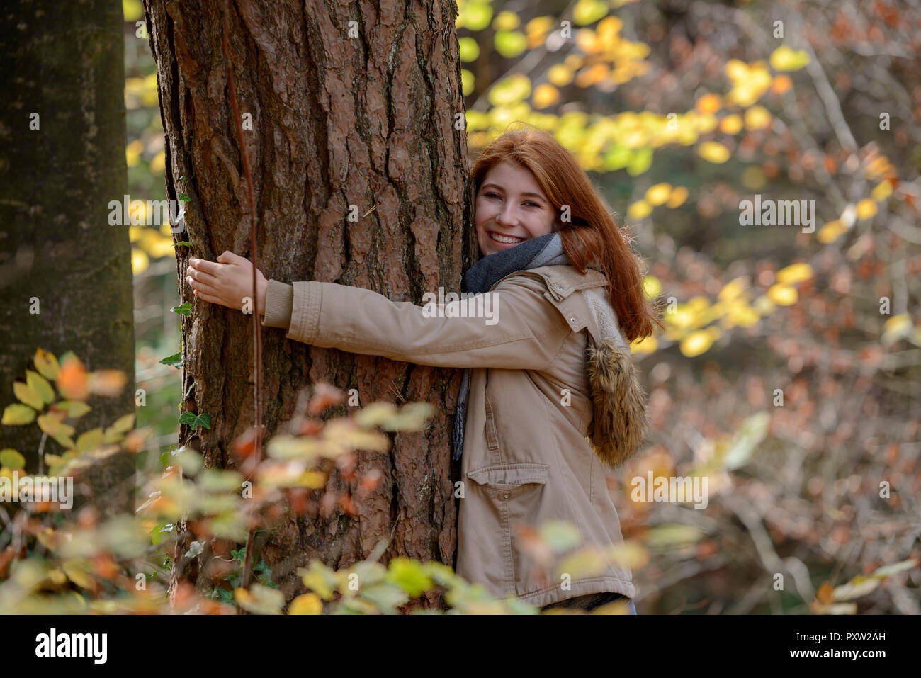 Ritratto di felice ragazza adolescente abbracciando tronco di albero nella foresta autunnale Foto Stock