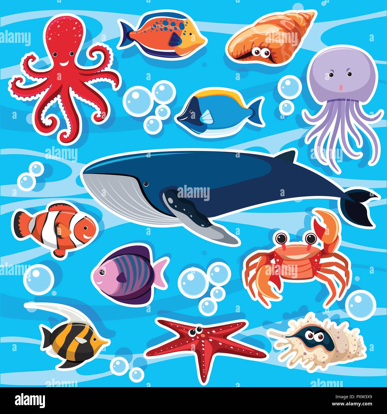 Modello di etichetta con molti animali marini illustrazione Illustrazione Vettoriale