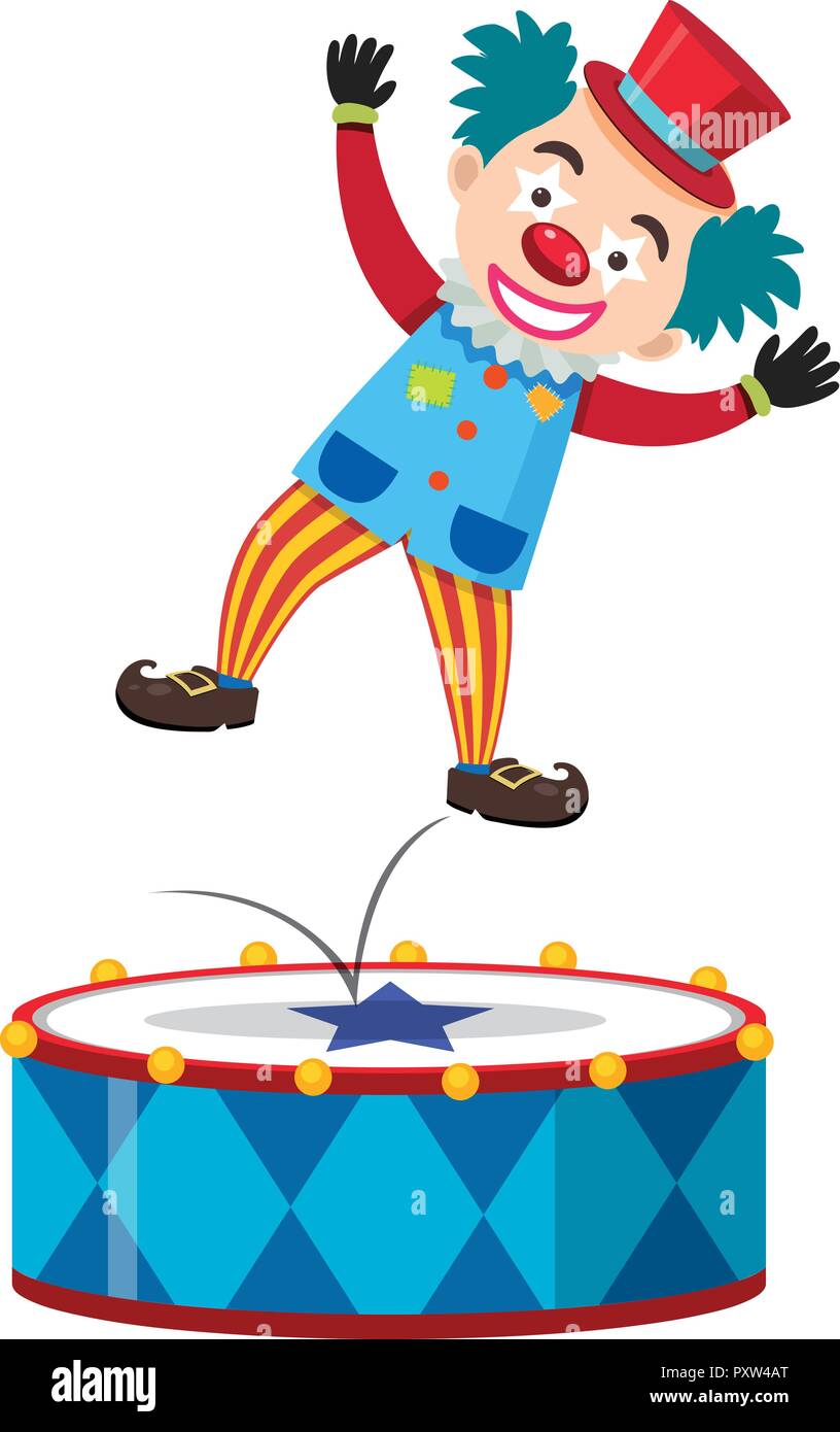 Happy clown salto sulla grande tamburo immagine Illustrazione Vettoriale