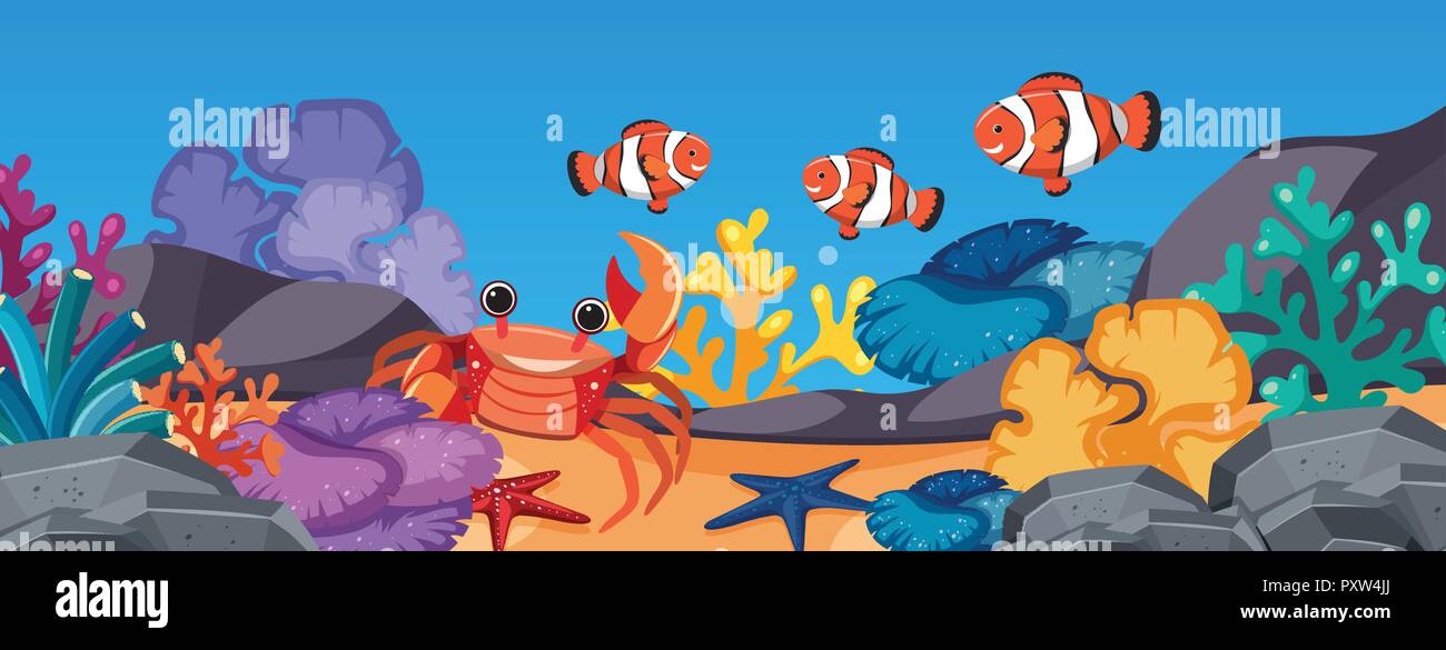 Clownfish e granchio sotto l'oceano illustrazione Illustrazione Vettoriale