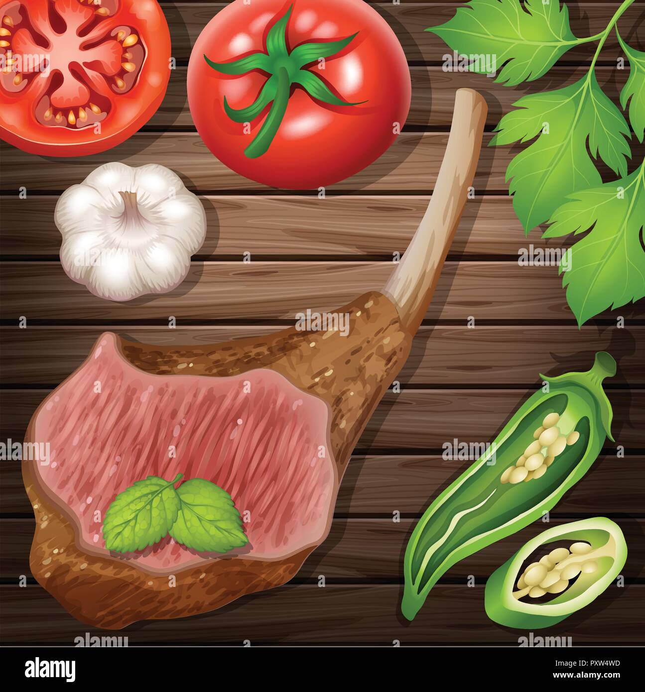 Lambchop con verdure fresche sulla tavola di legno illustrazione Illustrazione Vettoriale