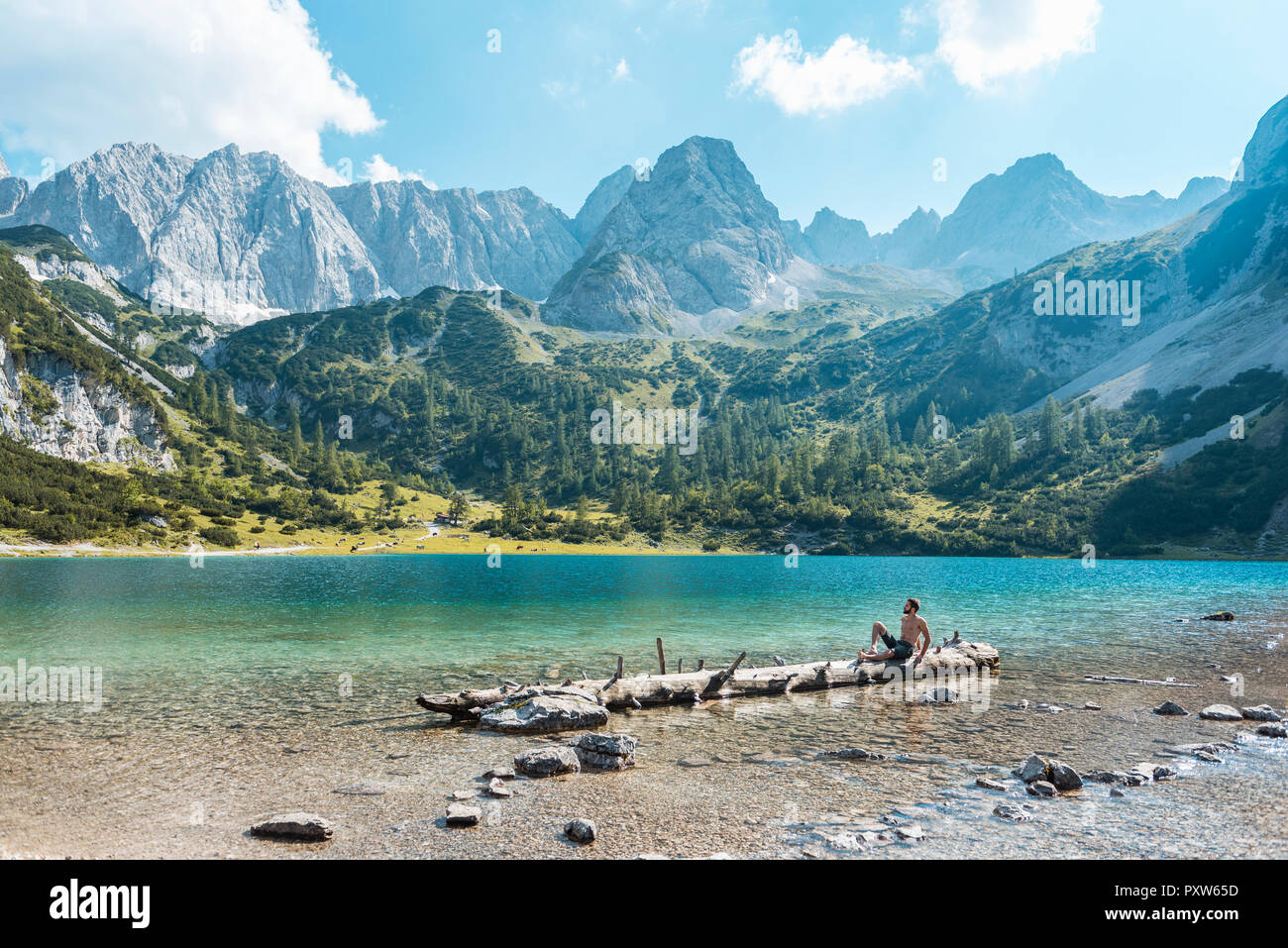 Austria, Tirolo, giovane uomo al Lago Seebensee seduto sul tronco di albero Foto Stock