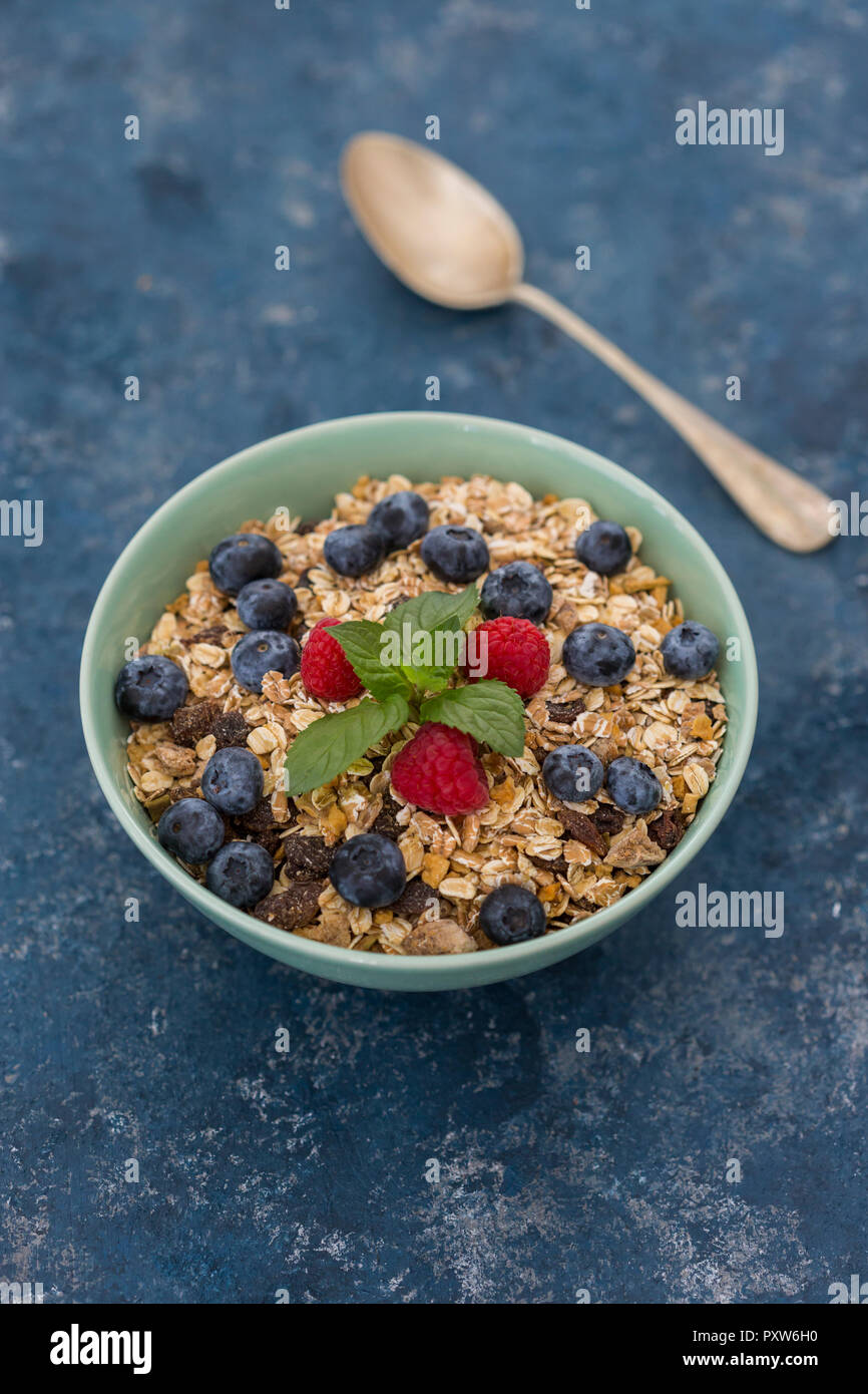 Ciotola di muesli con lamponi e mirtilli Foto Stock