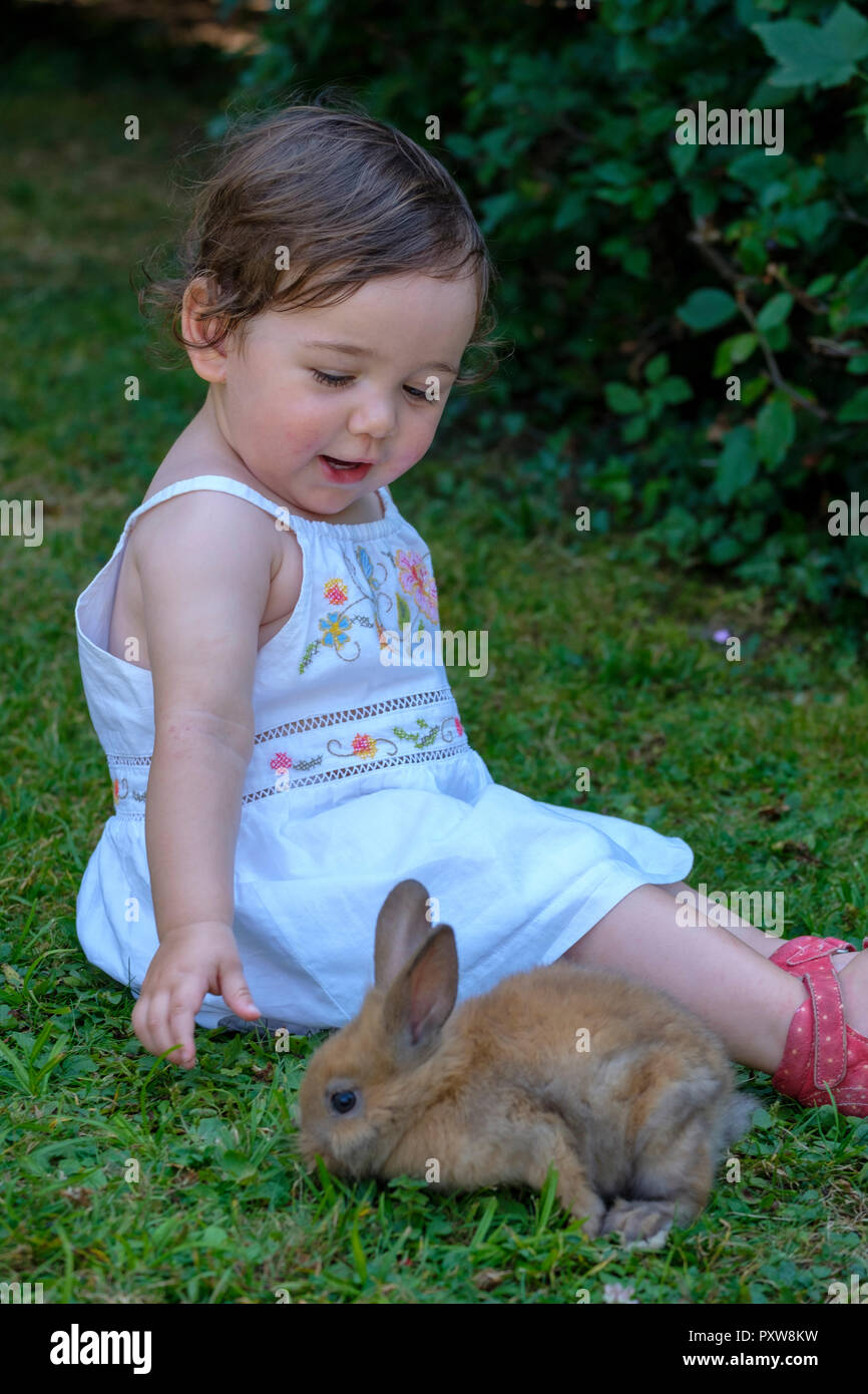 Ritratto di contenuto bambina gioca con coniglio giovane su un prato Foto Stock