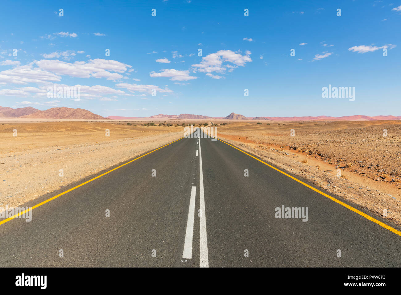 In Africa, la Namibia, il deserto del Namib Naukluft, Parco Nazionale, vuoto Road to Sossusvlei Foto Stock