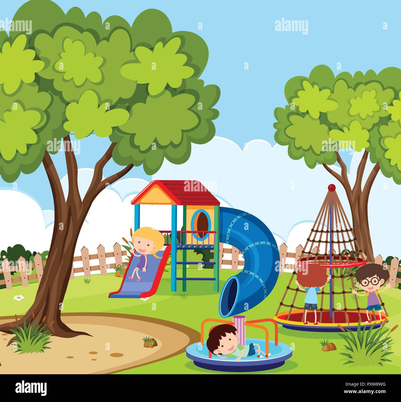Parco giochi scena con molti bambini che giocavano illustrazione Illustrazione Vettoriale