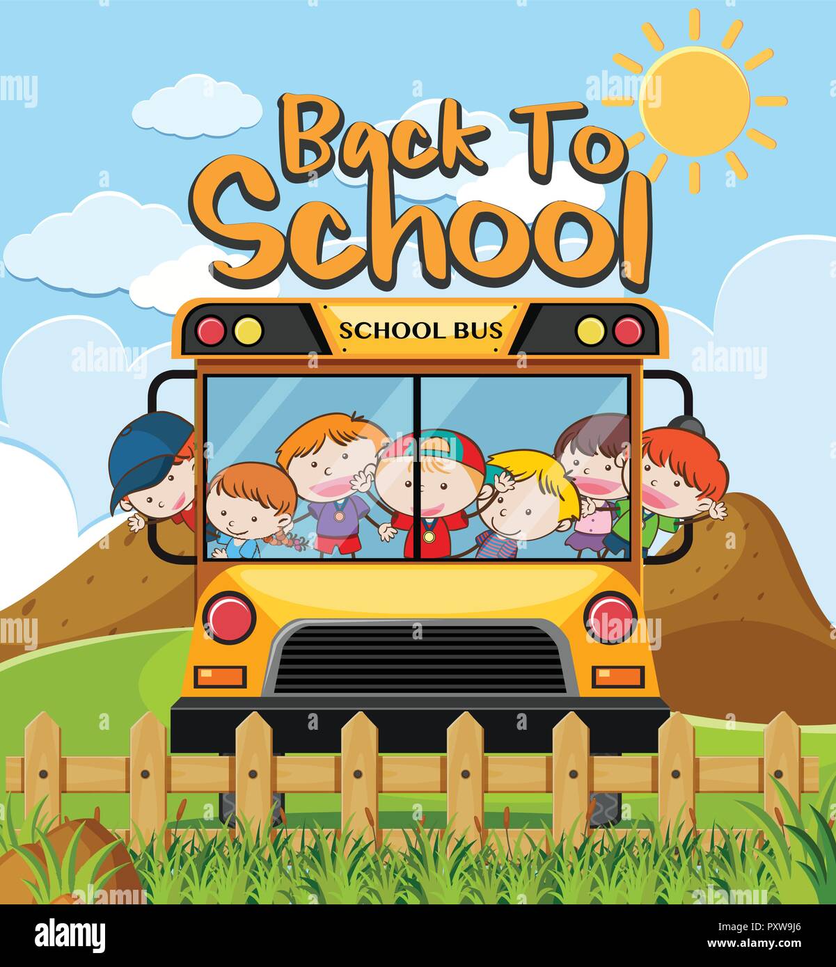 Kids in autobus per tornare a scuola illustrazione Illustrazione Vettoriale