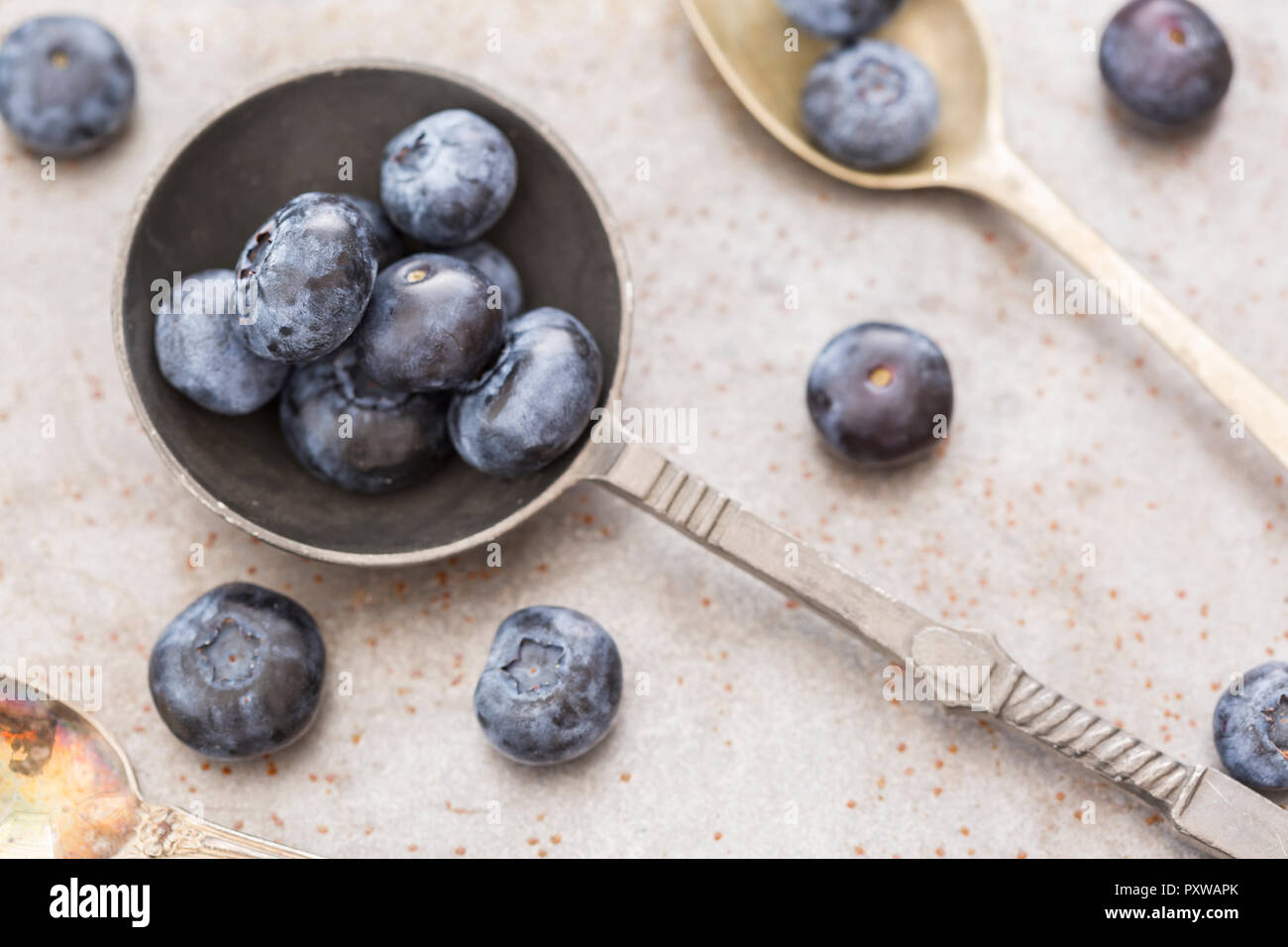 Vecchio cucchiaio con mirtilli Foto Stock