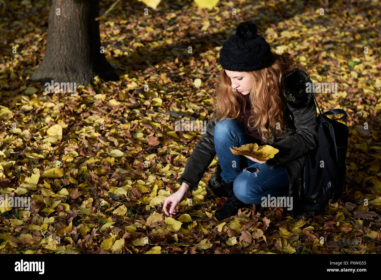 La donna la raccolta di foglie di autunno in un parco Foto Stock