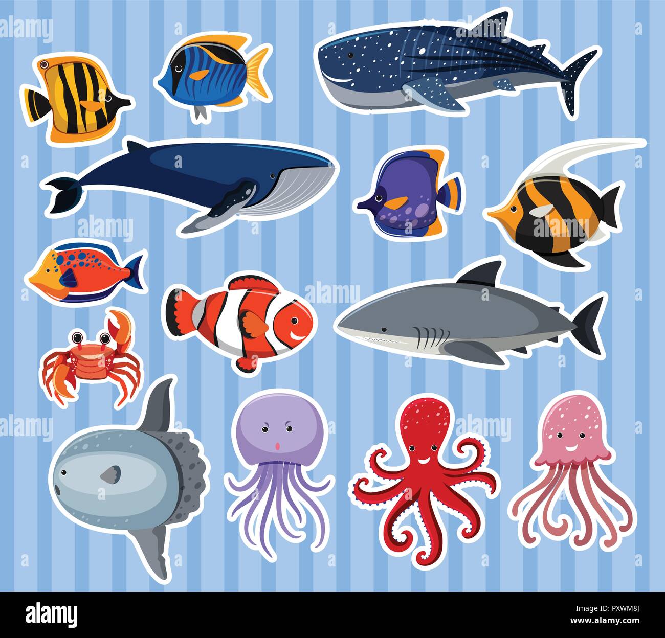 Sticker design con molti animali marini illustrazione Illustrazione Vettoriale