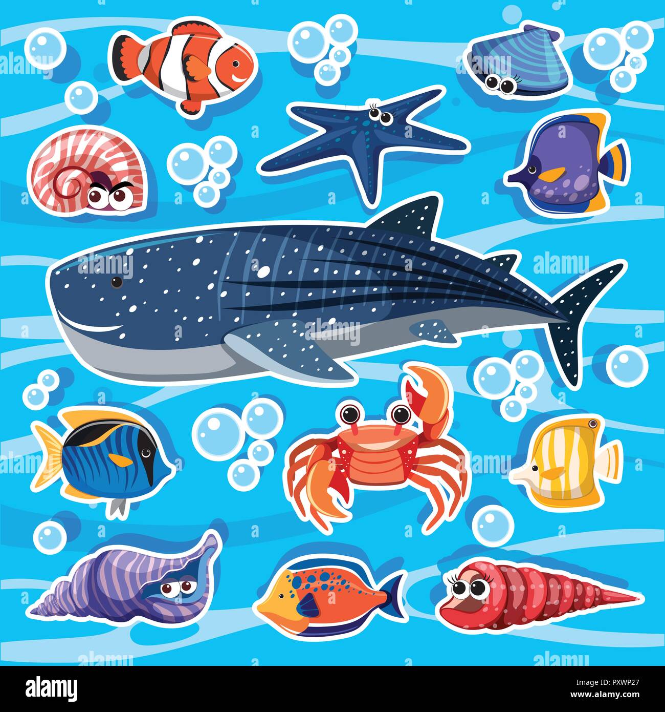 Sticker design con animali marini in mare illustrazione Illustrazione Vettoriale