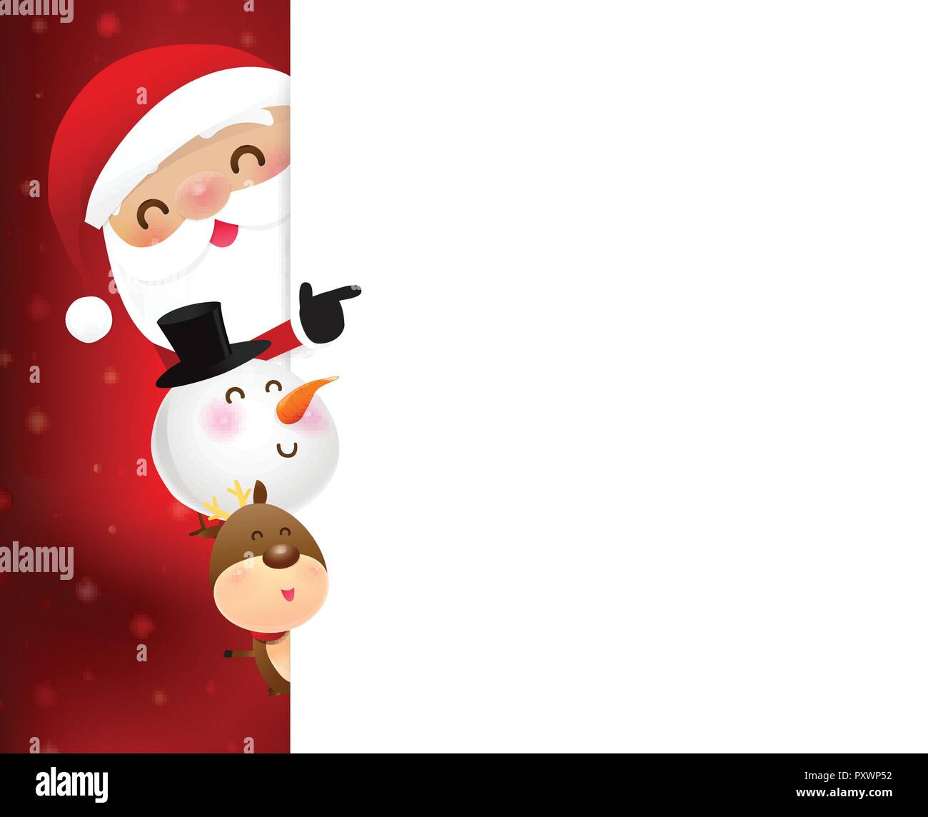 Christmas Santa Claus cartoon sorriso e nascondersi dietro a fogli di carta bianca con spazio copia e puntamento illustrazione vettoriale Illustrazione Vettoriale