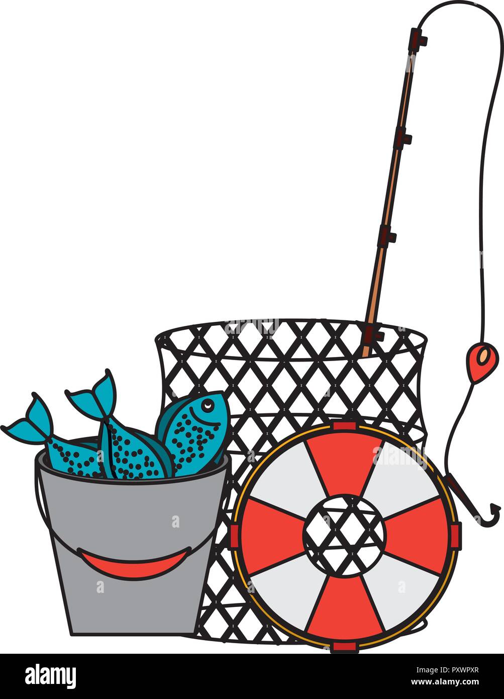 Pesci della benna salvagente canna da pesca fornire attrezzature illustrazione vettoriale Illustrazione Vettoriale