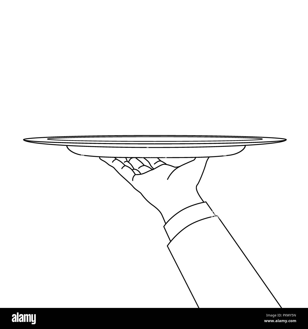 Classico ed elegante cameriera server palm dare salver su sfondo bianco. Contorno a Mano libera inchiostro nero disegnate immagine logo ordine sign in arte retro doodle carto Foto Stock