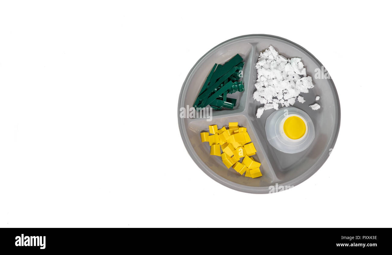 Un piatto di cibo di plastica. Concetto che mostra la consapevolezza dei pericoli di non sapere che cosa è contenuto nel nostro cibo. Foto Stock