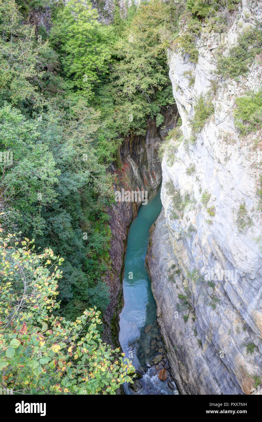 Le cascate e rapide nel Rio Bellos canyon sulla coperta di foresta montagne rocciose nel cañon de Añisclo valle, nella regione di Aragona, Spagna Foto Stock