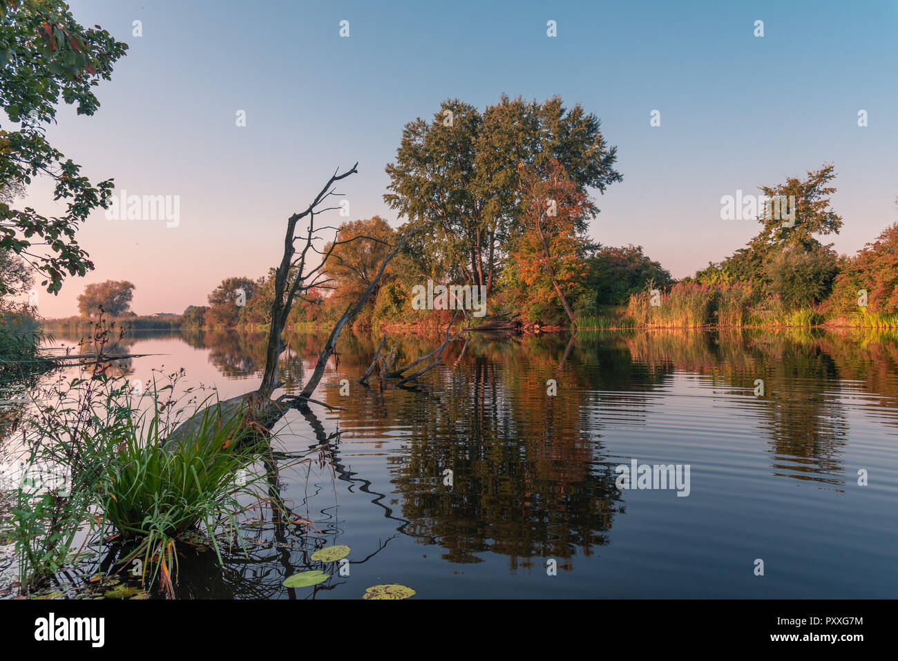 Lago naturale paesaggi durante l'autunno / stagione autunnale con alberi colorati. Foto Stock