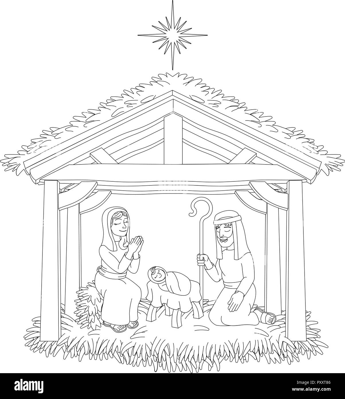 Presepe Cartoon colorazione Illustrazione Vettoriale