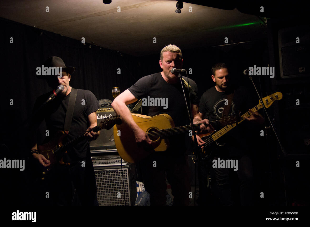 Dodgy live al 2018 Stoke Newington Festival di musica, trio composto da Nigel Clark Guitar vocals, Andy Miller Guitar vocals, Stu Thoy Bass, arpa, Vox Foto Stock