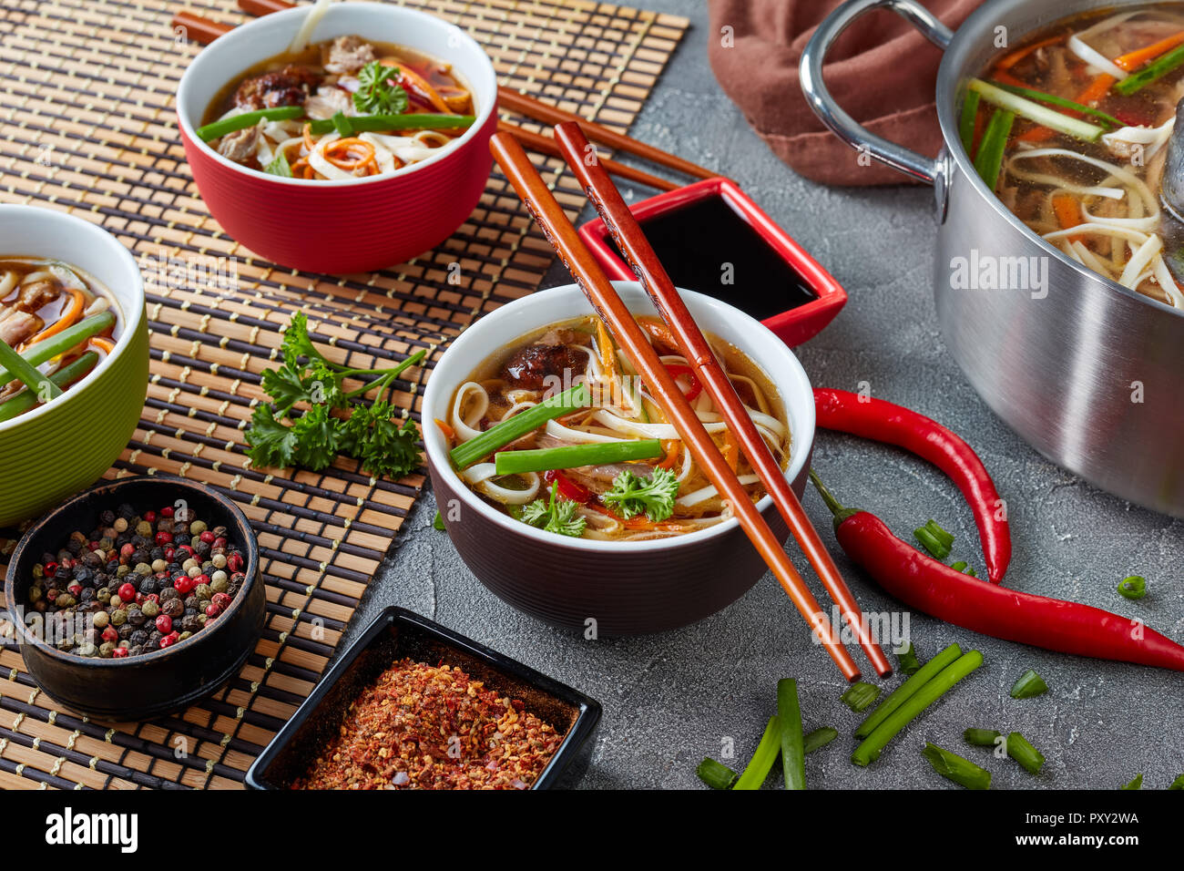 Duck udon noodle minestra di verdura in una casseruola di metallo e servito in ciotole sul tappetino di bambù con bacchette, vista da sopra Foto Stock