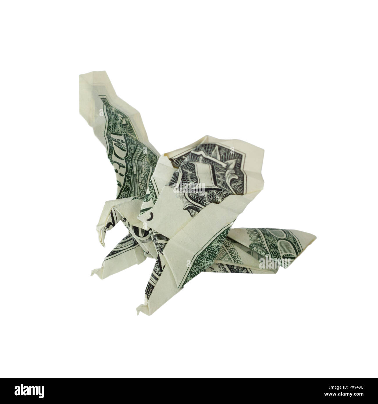 Soldi Origami EAGLE piegato con Real One Dollar Bill isolati su sfondo bianco Foto Stock