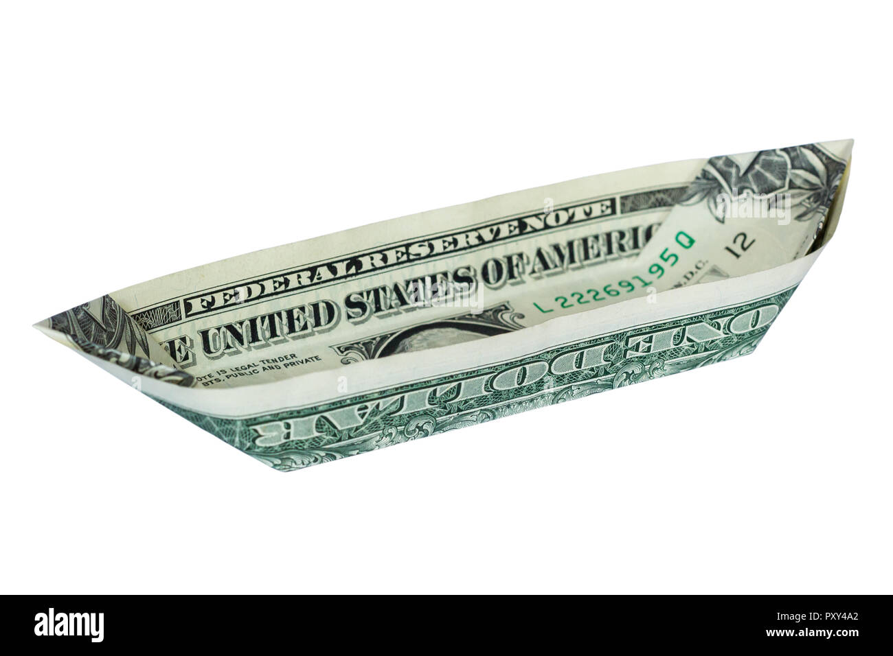 Soldi Origami barca piegato con Real One Dollar Bill isolati su sfondo bianco Foto Stock