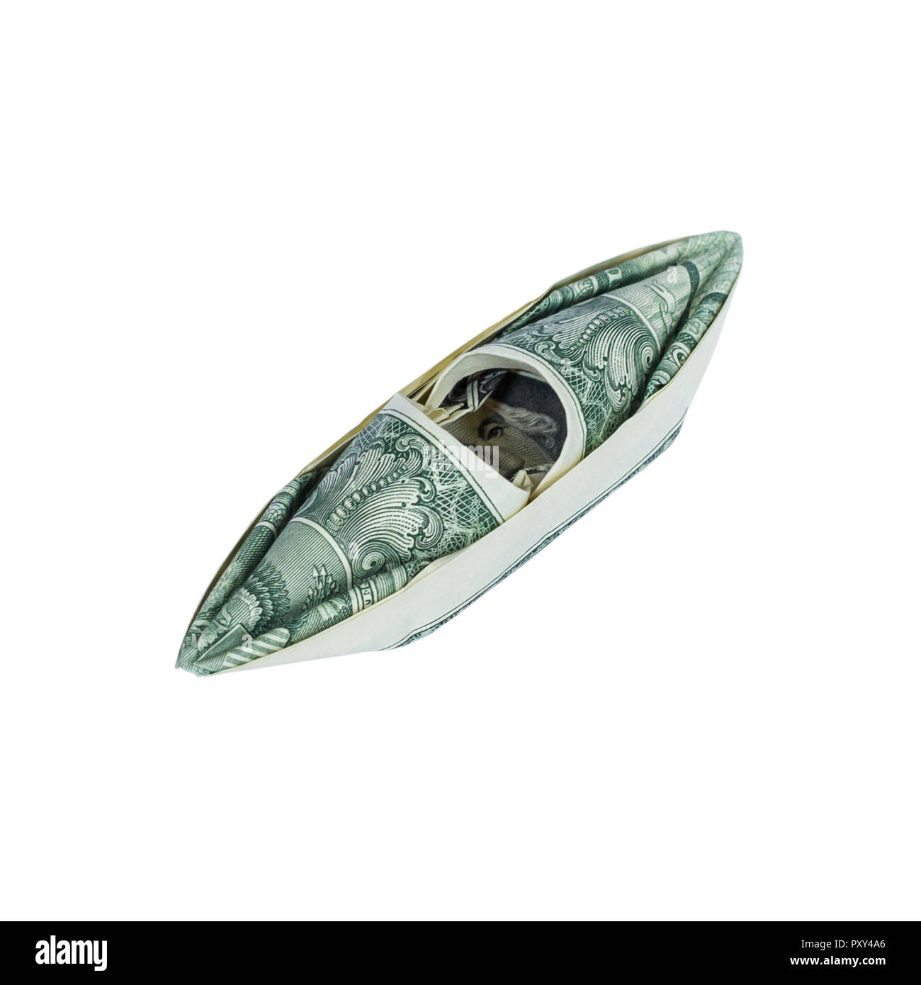 Soldi Origami kayak piegato con Real One Dollar Bill isolati su sfondo bianco Foto Stock