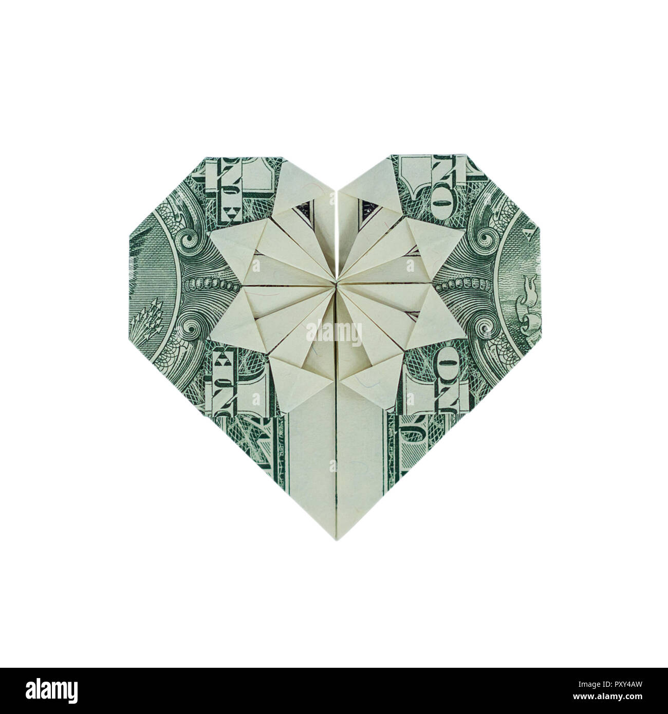 Soldi Origami cuore piegato con Real One Dollar Bill isolati su sfondo bianco Foto Stock