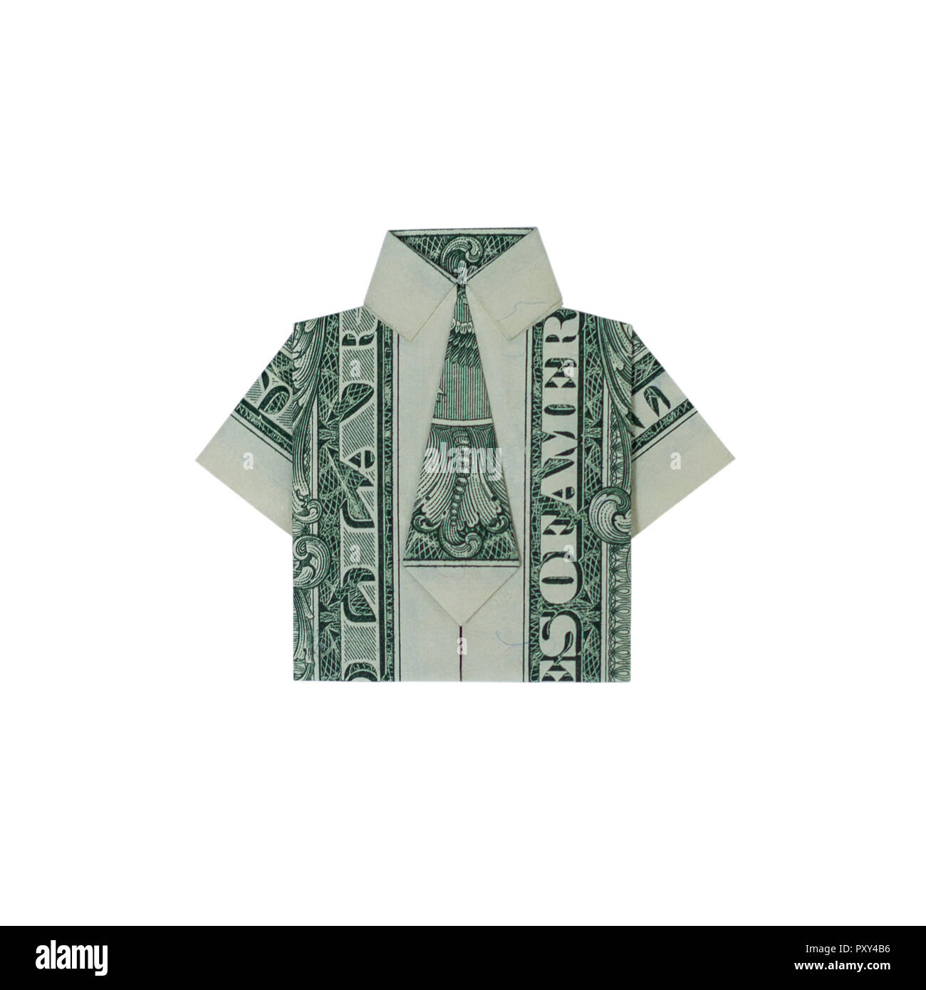 Soldi Origami SHIRT ripiegata con Real One Dollar Bill isolati su sfondo bianco Foto Stock