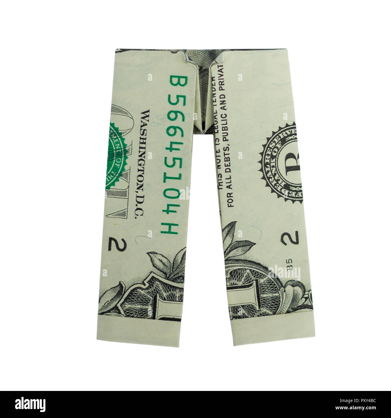 Soldi Origami pantalone piegato con Real One Dollar Bill isolati su sfondo bianco Foto Stock