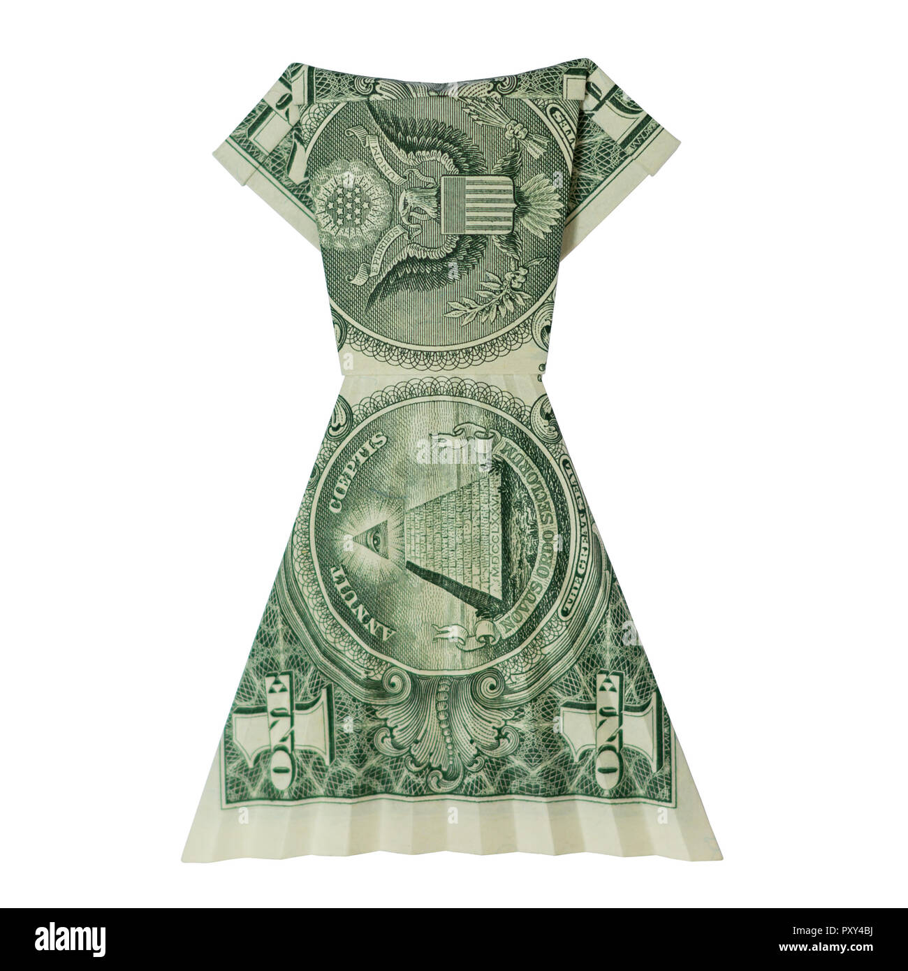 Denaro abito Origami piegati con Real One Dollar Bill isolati su sfondo bianco Foto Stock