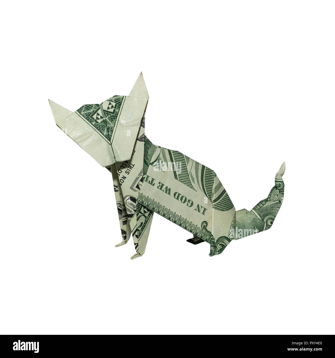 Soldi Origami seduta CAT piegato con Real One Dollar Bill isolati su sfondo bianco Foto Stock