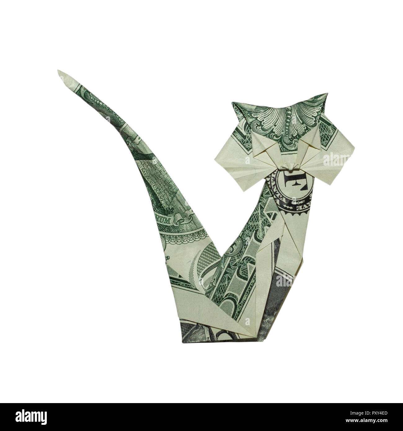 Soldi Origami Jowly CAT piegato con Real One Dollar Bill isolati su sfondo bianco Foto Stock