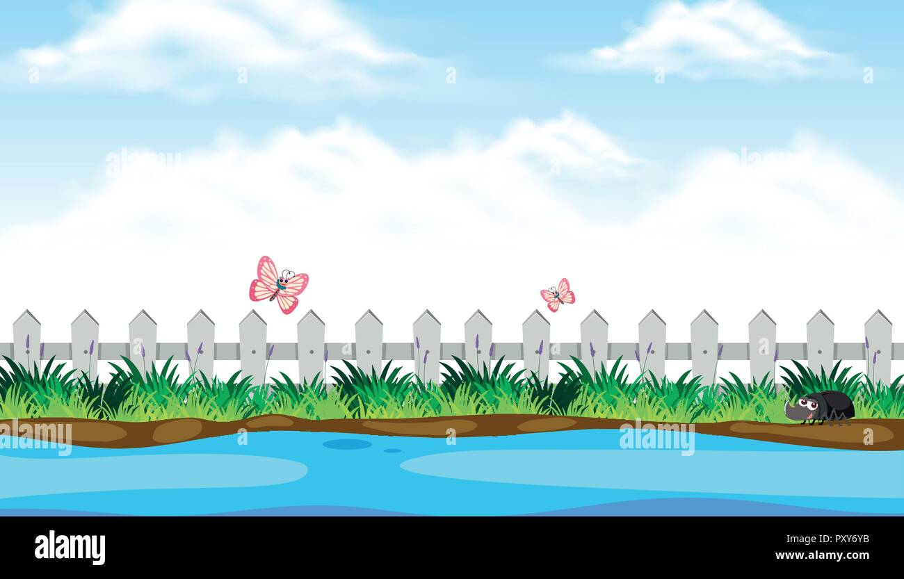 Vista del fiume con cute illustrazione di insetto Illustrazione Vettoriale