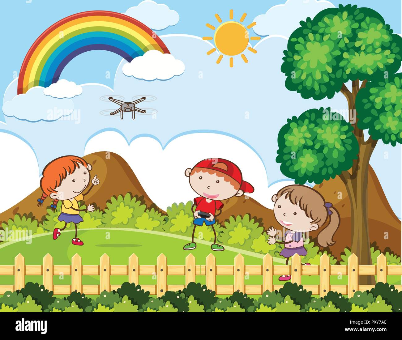 I bambini giocando Drone sulla giornata di sole illustrazione Illustrazione Vettoriale