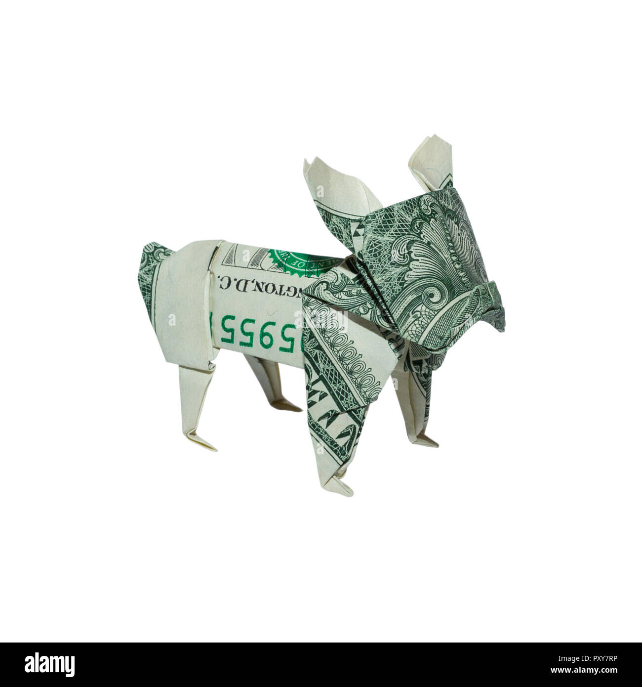 Soldi Origami bulldog francese piegato con Real One Dollar Bill isolati su sfondo bianco Foto Stock