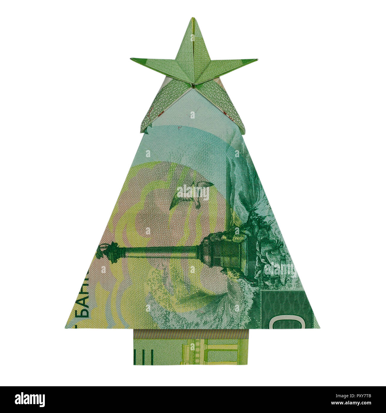 Soldi Origami ALBERO DI NATALE piegato con 200 rubli russi Bill isolati su sfondo bianco Foto Stock