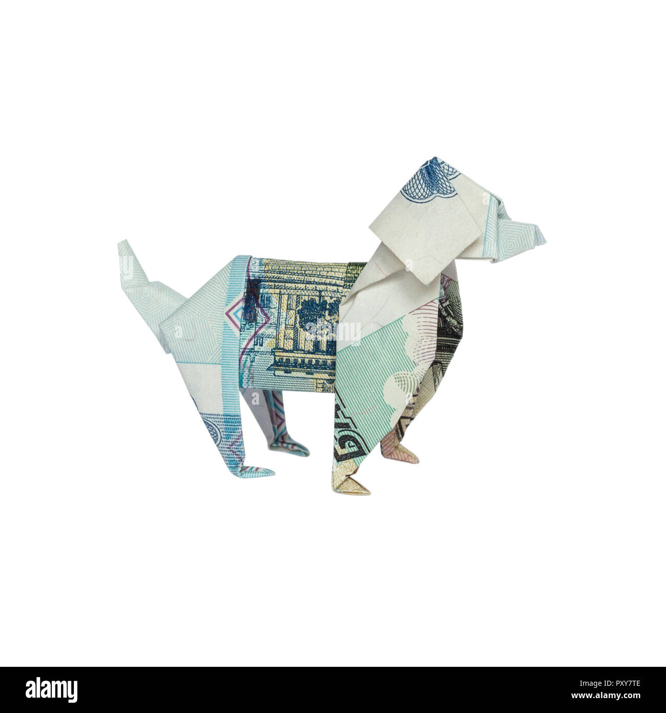 Soldi Origami cane blu piegato con 50 rubli russi Bill isolati su sfondo bianco Foto Stock