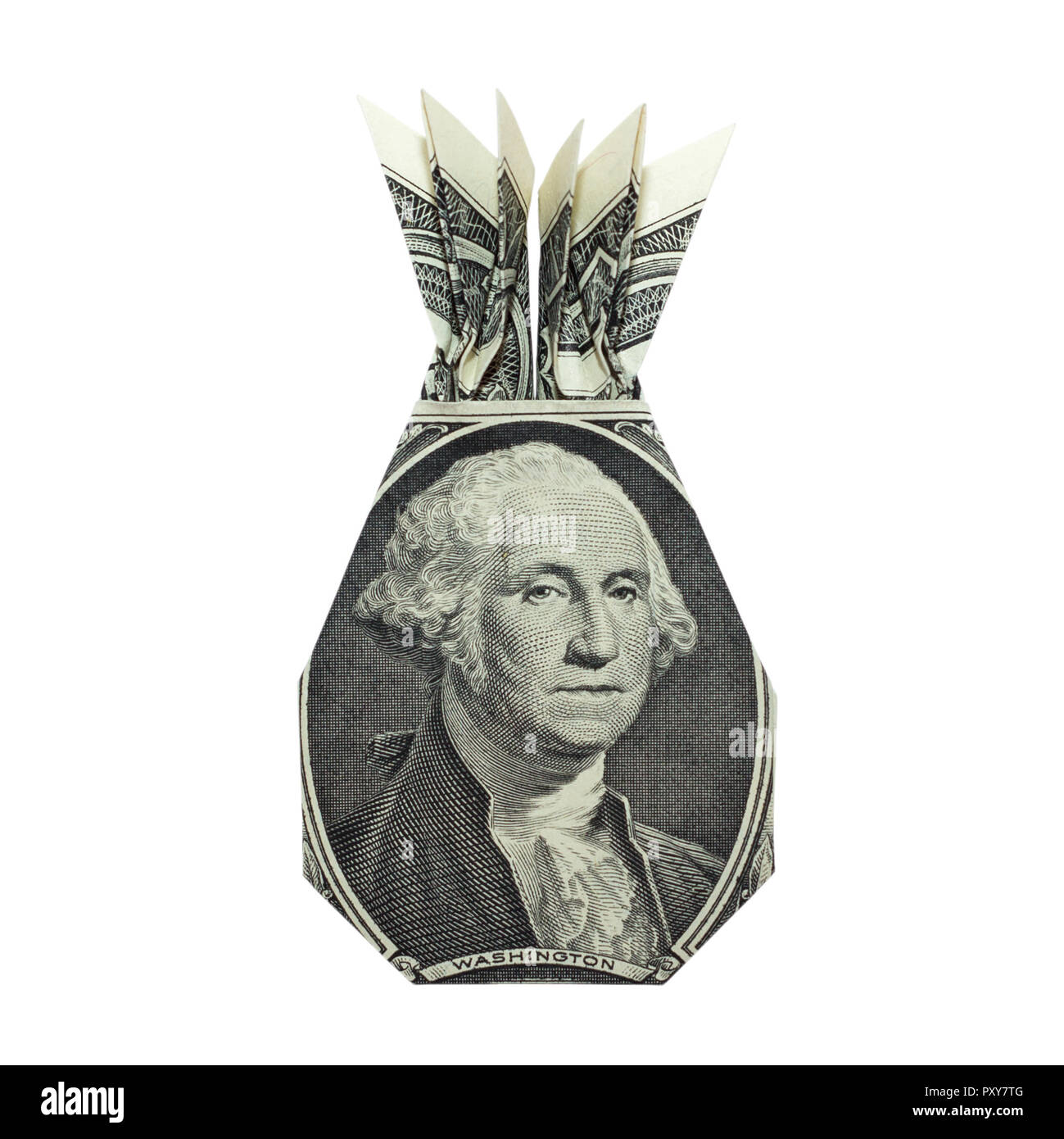 Soldi Origami ananas con George Washington ritratto piegato con Real One Dollar Bill isolati su sfondo bianco Foto Stock