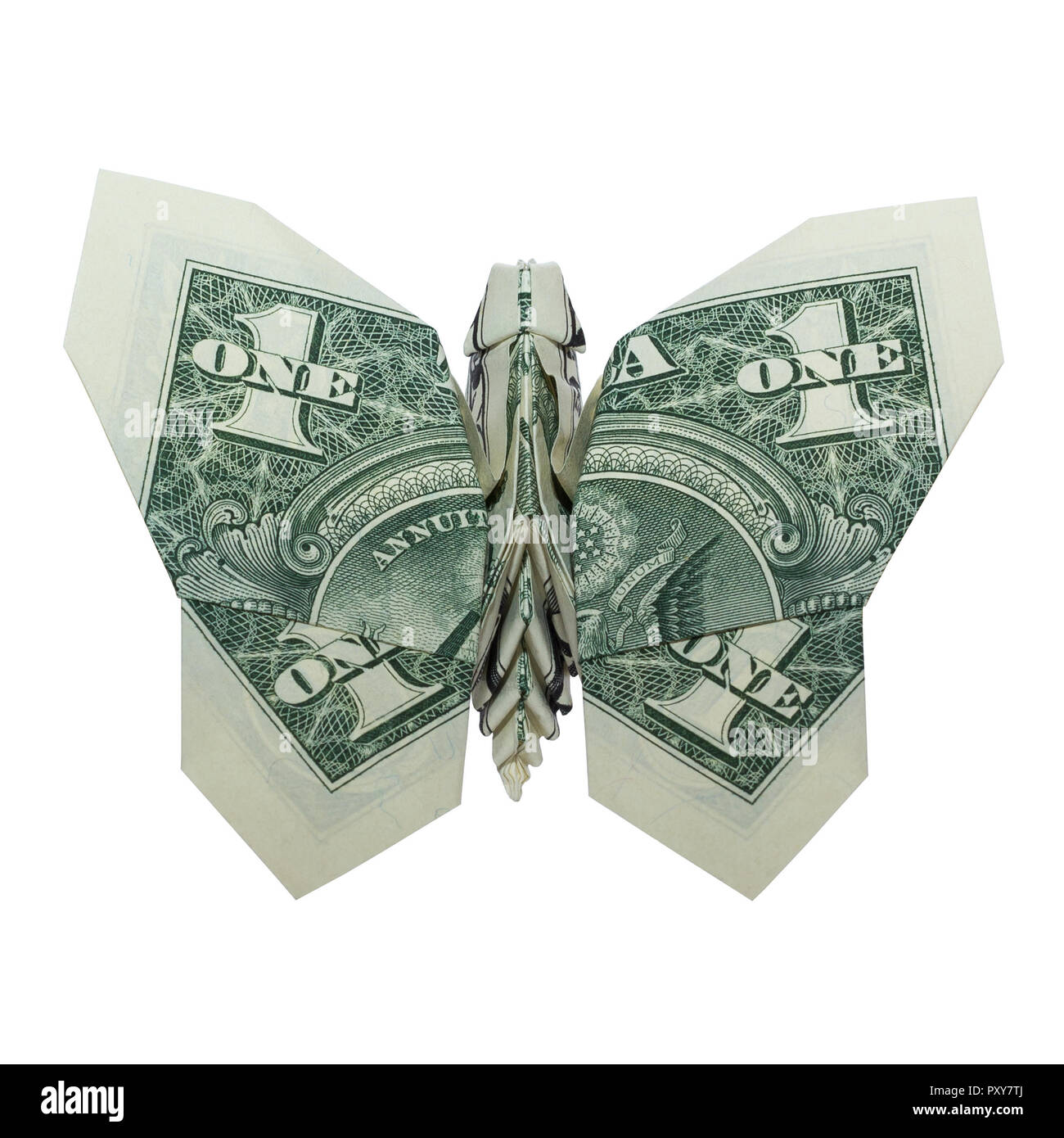 Soldi Origami farfalla verde piegato con Real One Dollar Bill isolati su sfondo bianco Foto Stock