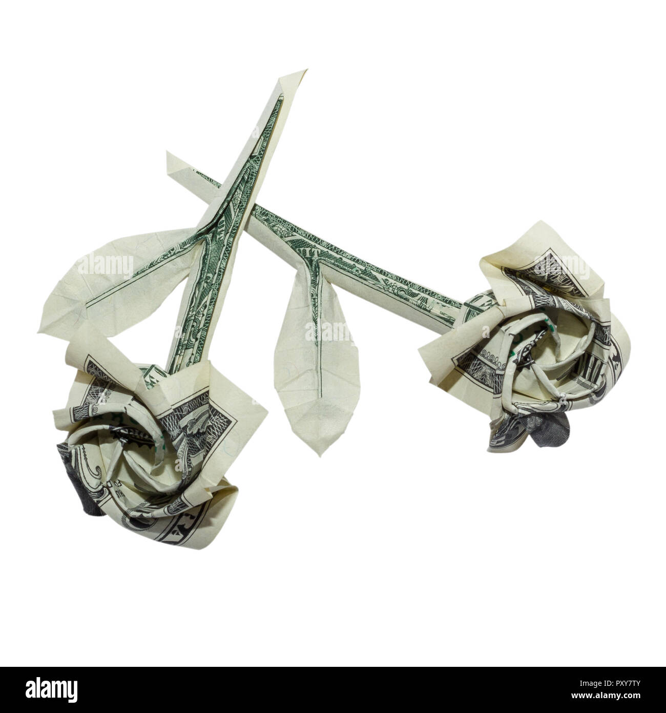 Soldi Origami attraversato ROSES piegato con Real One Dollar Bill isolati su sfondo bianco Foto Stock