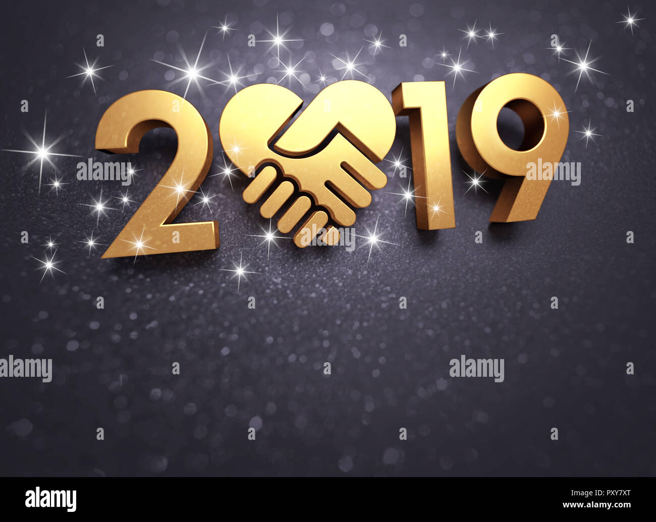 Nuova data dell'anno 2019, color oro, composta con un cuore d'oro, scintillanti su uno sfondo nero - 3D illustrazione Foto Stock