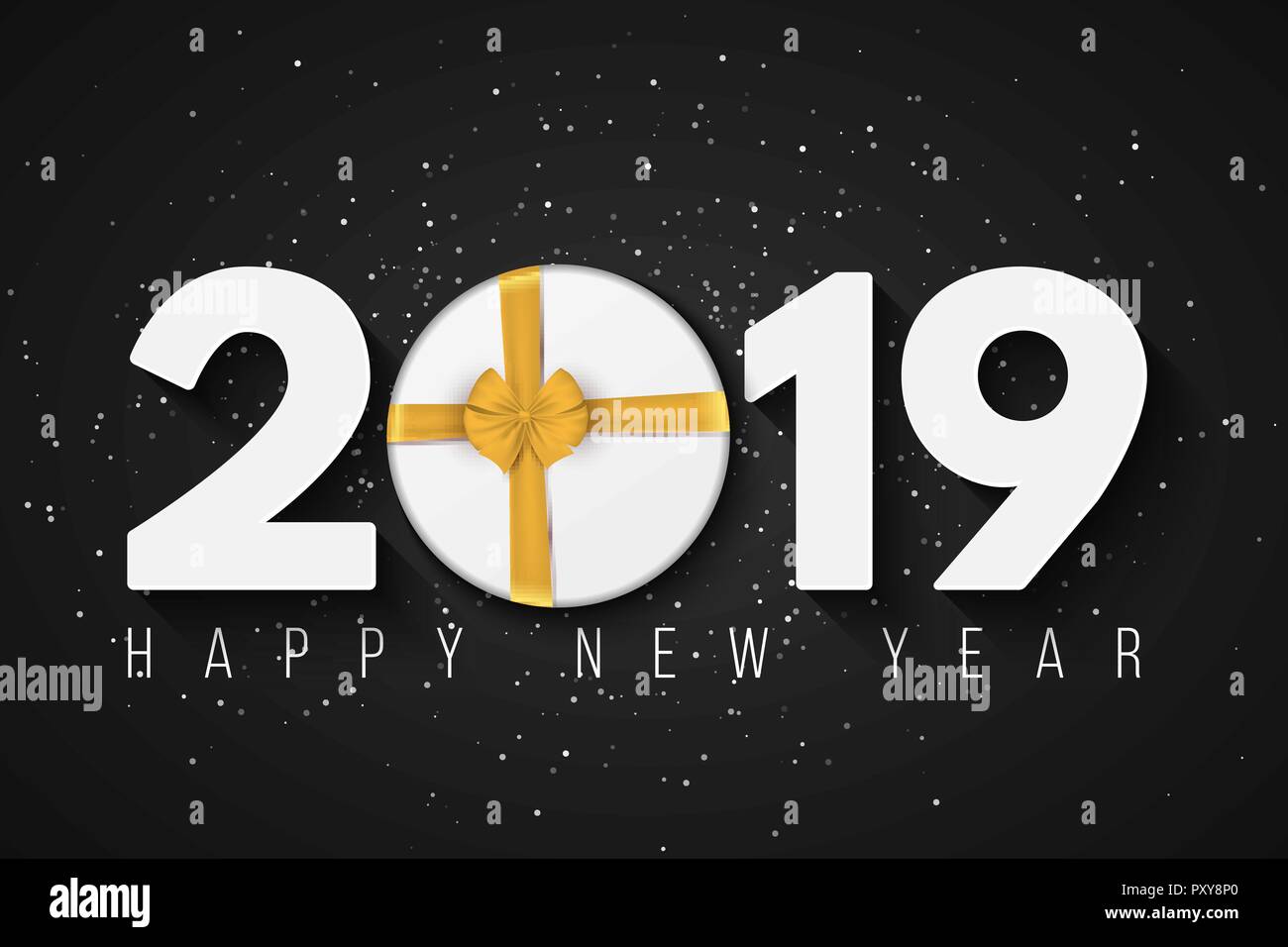 Felice anno nuovo 2019. Brochure di festa. Regalo scatola tonda con nastro di oro e di prua. Polveri di neve su uno sfondo nero. I numeri di carta con un regalo di Natale. Illustrazione Vettoriale