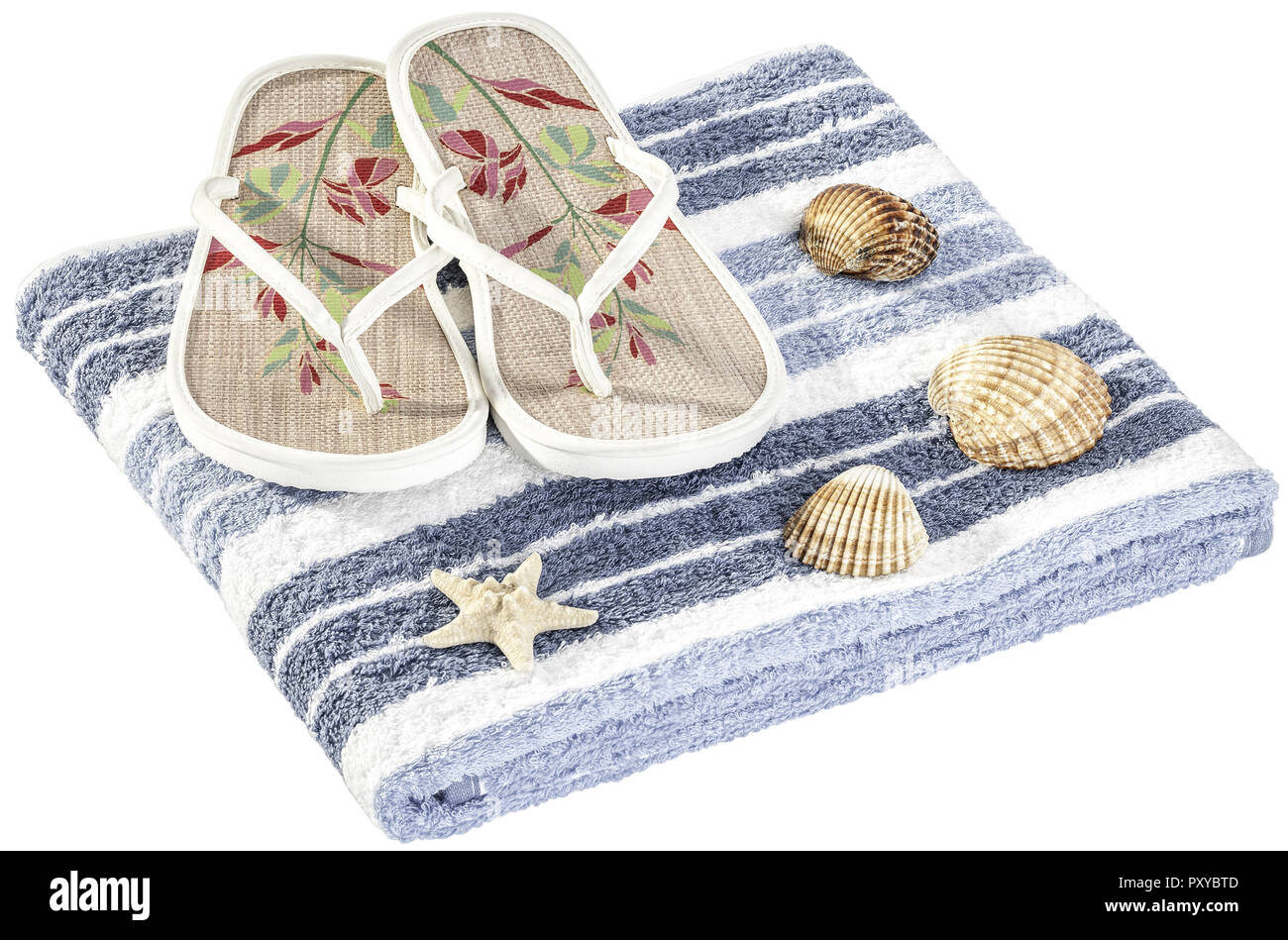 Disposizione, Flip Flop, Muscheln, Badetuch Foto Stock