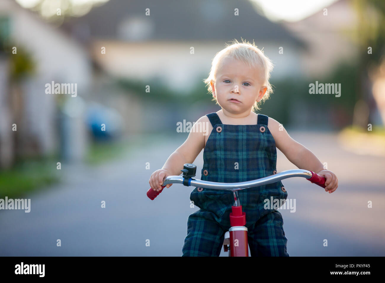 Carino il toddler bambino, ragazzo, giocando con il triciclo sulla strada, kid Bicicletta Equitazione su sunset Foto Stock