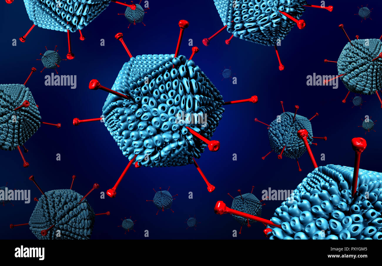 Malattia di adenovirus come una malattia delle vie respiratorie Infezione da virus provocando febbre alta come uno sfondo con microscopiche modelli molecolari concetto. Foto Stock