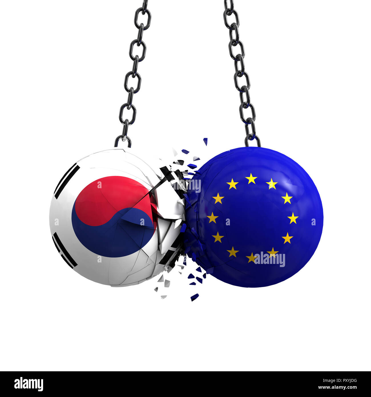 Corea del Sud bandiera e Unione europea sfere politiche smash in ogni altro. Il rendering 3D Foto Stock