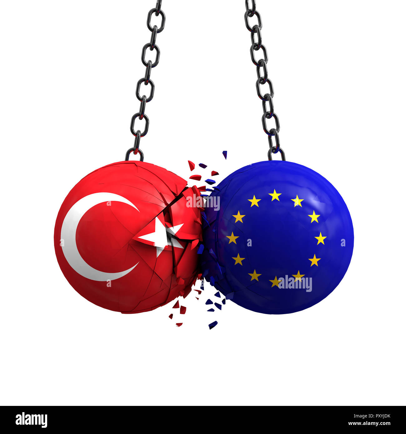 Bandiera della Turchia e Unione europea sfere politiche smash in ogni altro. Il rendering 3D Foto Stock