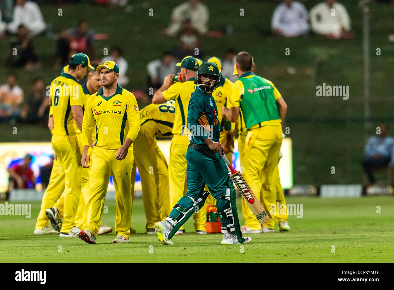 Abu Dhabi, negli Emirati Arabi Uniti. 24 ott 2018. L Australia celebra il paletto di Mohammad Hafeez del Pakistan durante la 1T20 International tra il Pakistan e l'Australia in Sheikh Zayed Stadium, Abu Dhabi, negli Emirati Arabi Uniti il 24 ottobre 2018. Foto di concedere l'inverno. Credit: UK Sports Pics Ltd/Alamy Live News Foto Stock